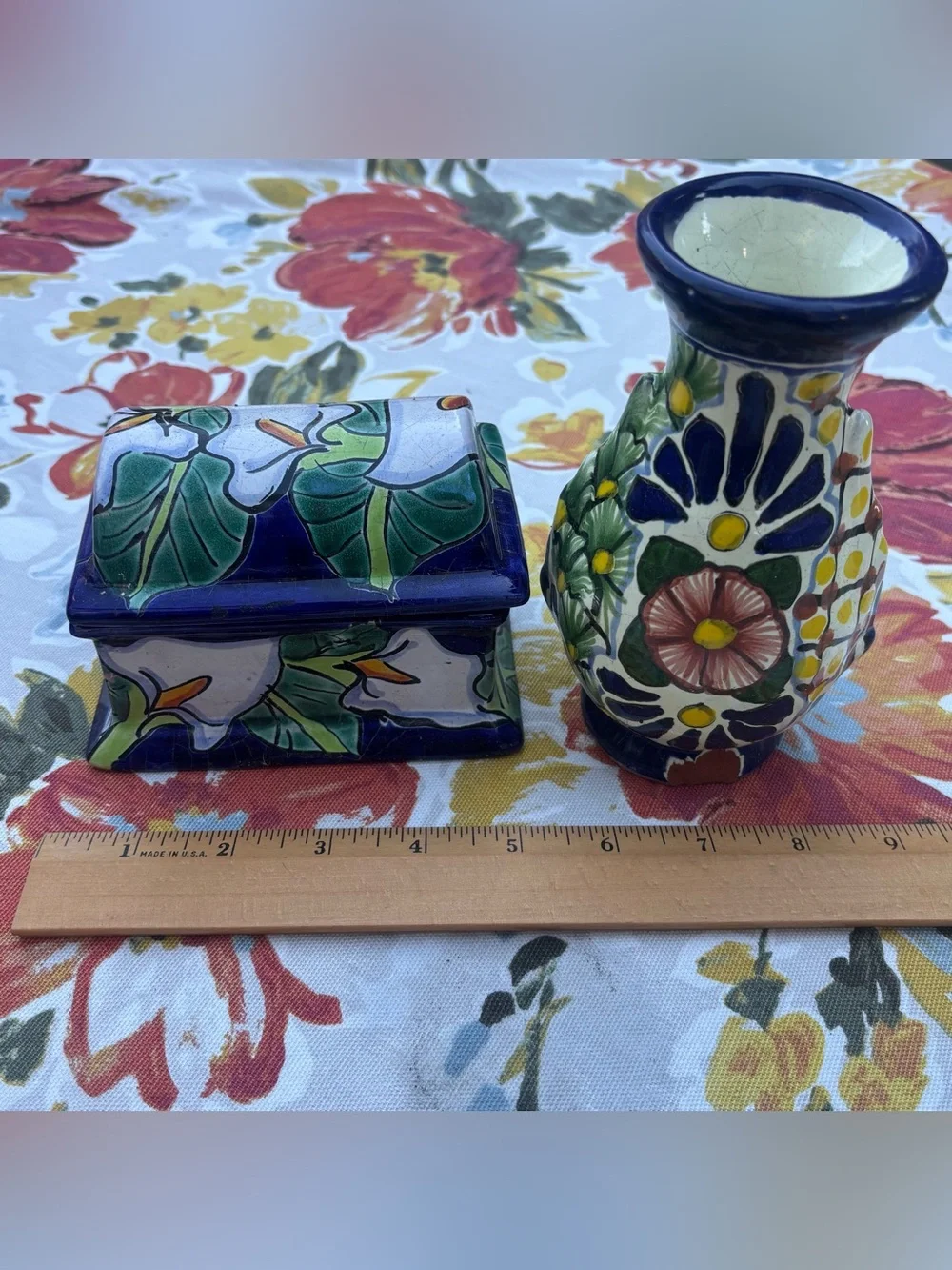 Hand-Painted Floral Ceramic Trinket Box and Vase - Blue Mexico
